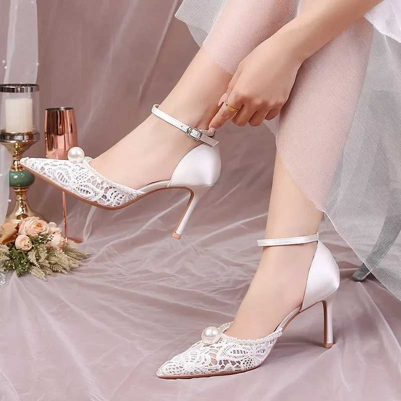 New single strap toe hollow sandals for women French lace wedding dress bridal shoes mesh pearl high heels Y241019
