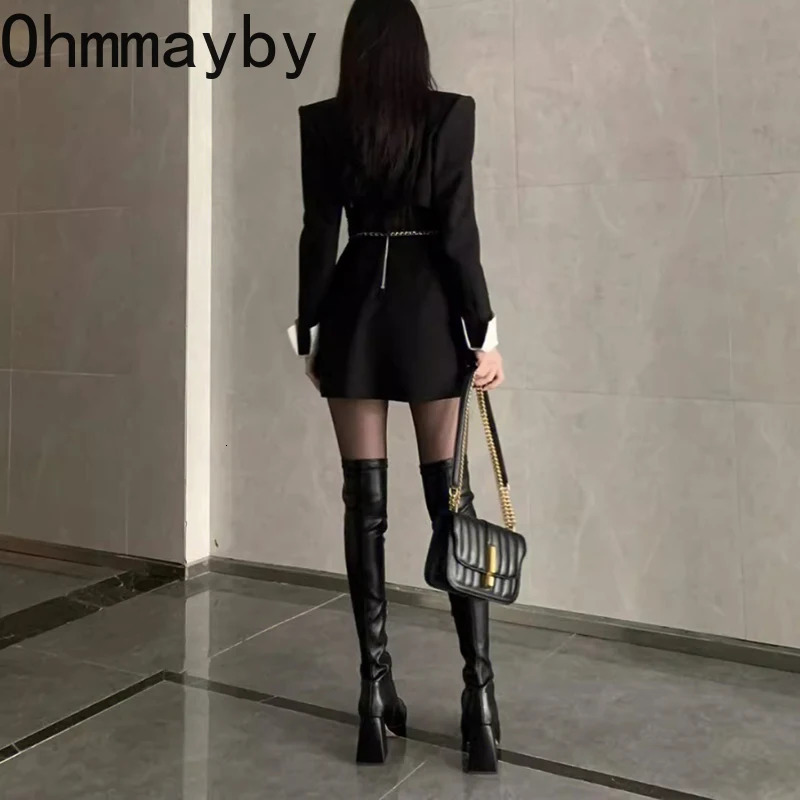 Autumn and winter street style elastic knee high boots for women fashionable round toe square platform high-heeled boots 241018