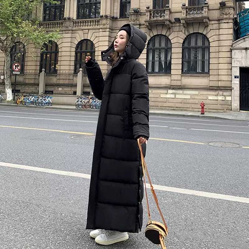 2023 Winter Down Cotton Jackets Womens Clothing Side Button Long Parkas Hooded Warm Winter Coats Female Black Overcoats fp435X241019