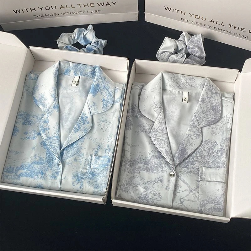 Autumn and winter silk womens home clothing lapel button cardigan 2-piece set womens high-end printed womens pajamas 241009