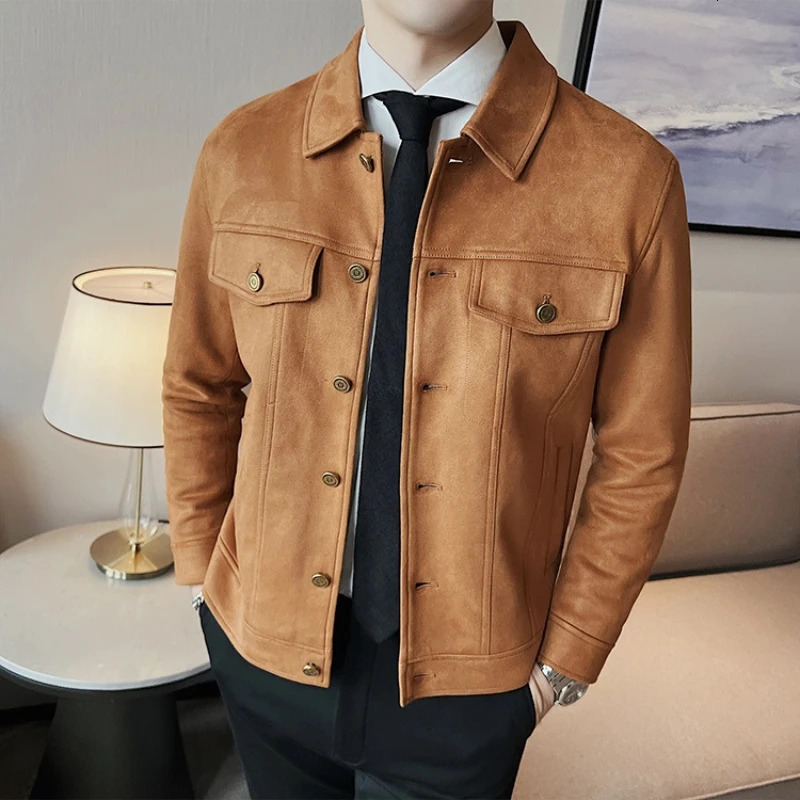 Autumn and winter mens suede jacket solid color casual business lapel jacket ultra-thin fit thick and warm social street clothing jacket 241007