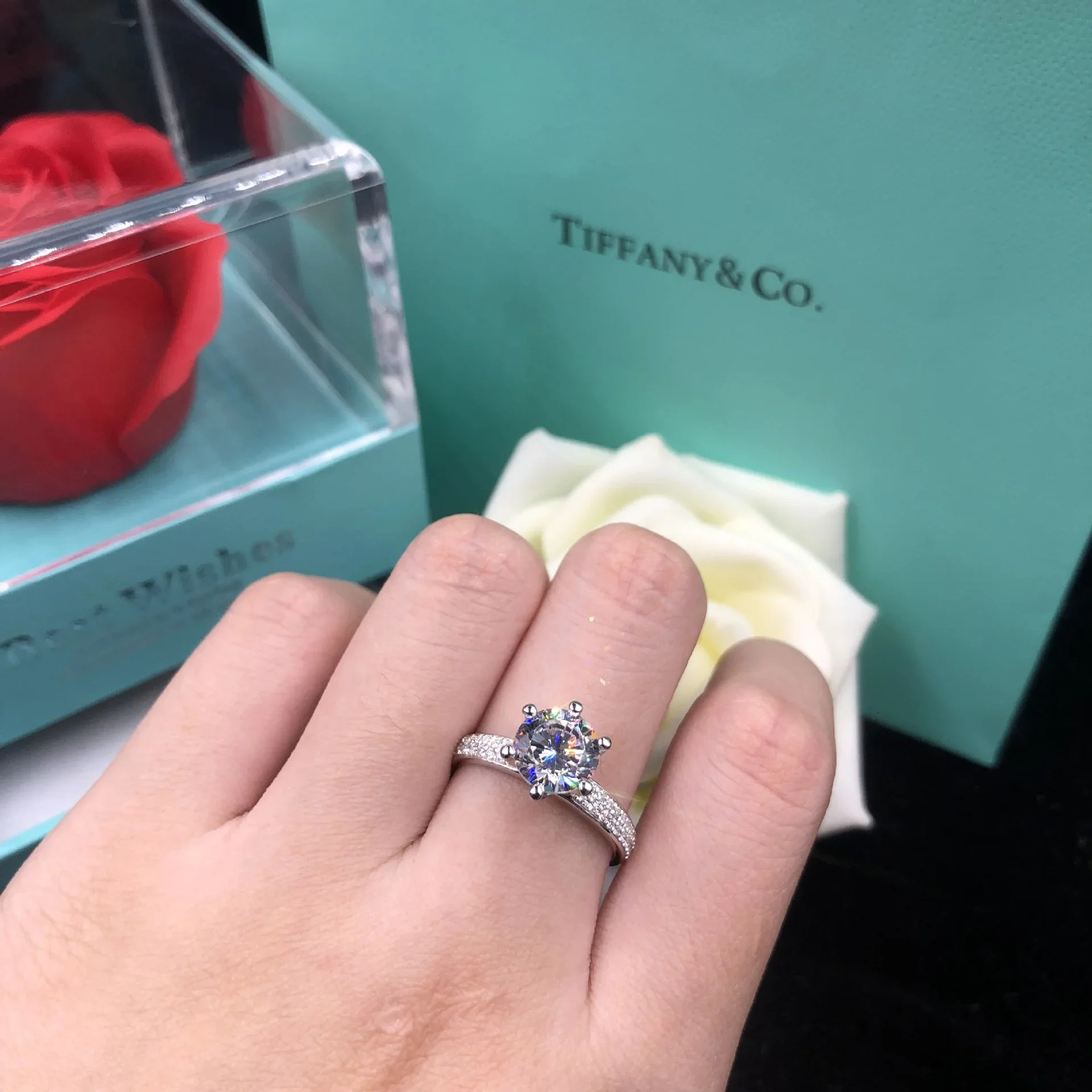 Solid 14K White Gold AU585 White Gold PT950 Six Claw Set Diamond Ring 14K Gold Recommended Card 2 Diamond Ring 241007