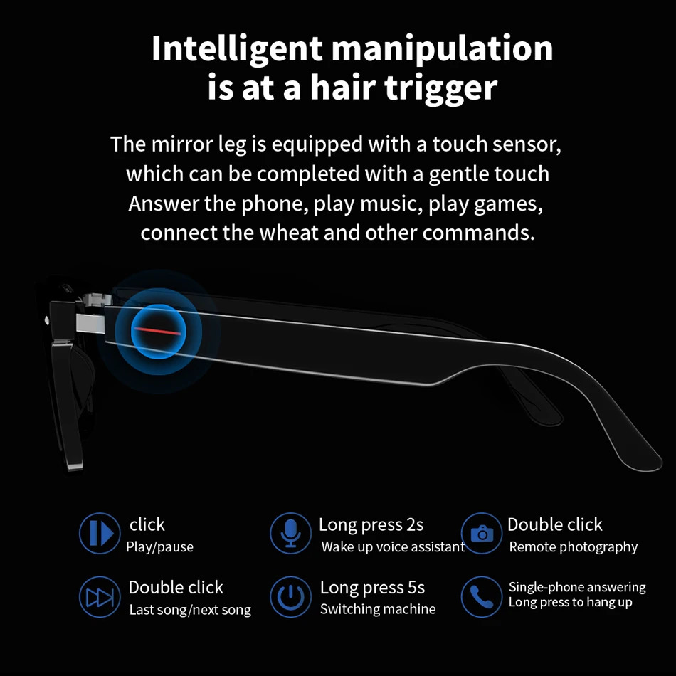 2024 Smart Glasses Wireless Bluetooth Sunglasses Microphone Ser Touch and Voice Assistant Compatible Glasses 241019