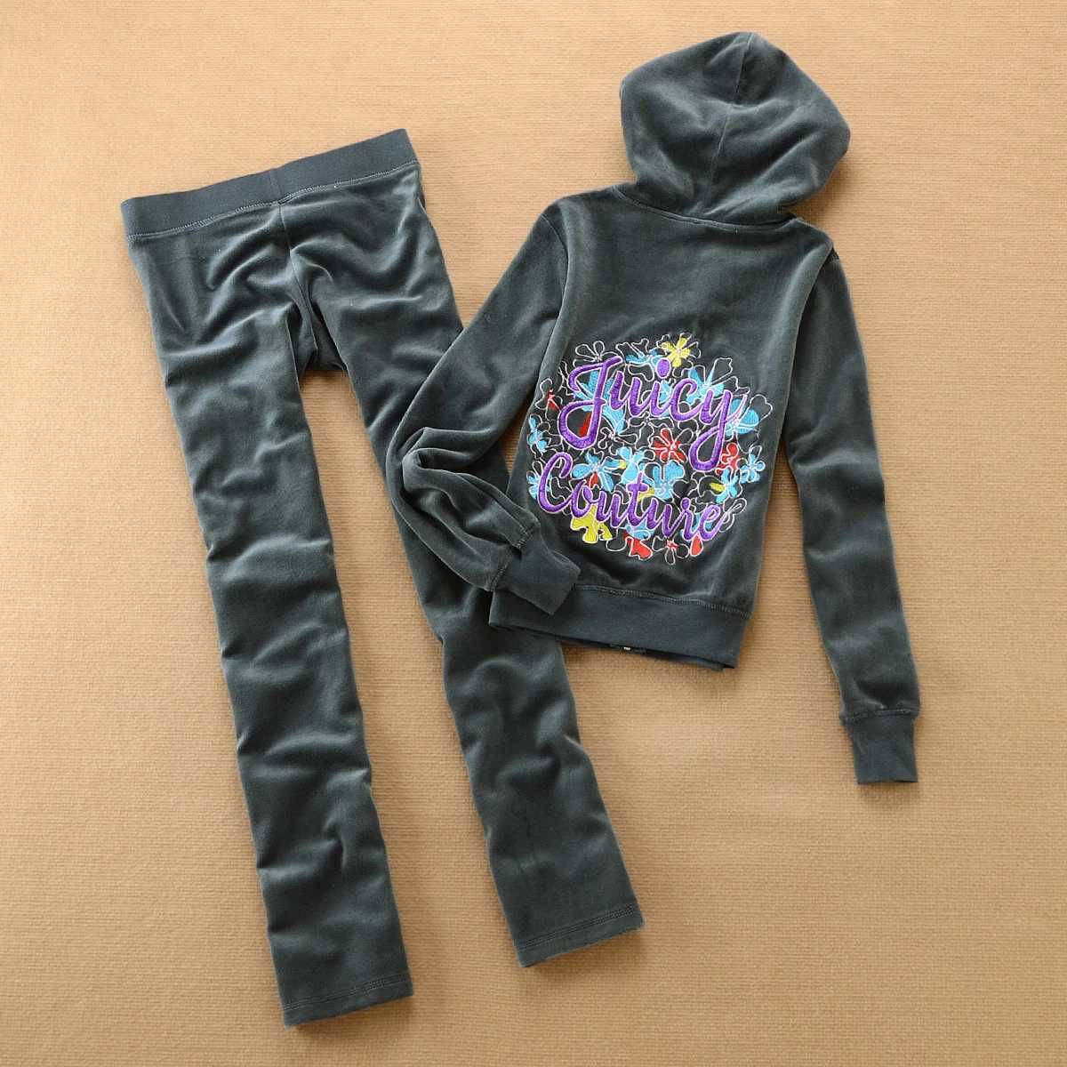 Women's Two Piece Pants Juicy Cometure Velvet Tracksuit Suit Sweatshirt Embroidered Flower Crystal Zipper Top + Casual Sports Straight Pants Y241