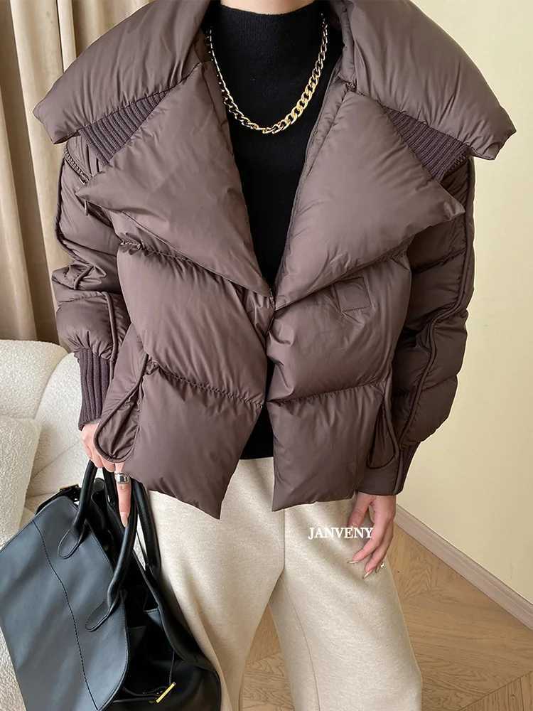 Women's Down Parkas Janveny 2024 New Winter Knitted Splicing Big Collar Magnetic Puff Bread Jacket Womens Detachable Slves Duck Short Coat Y24101