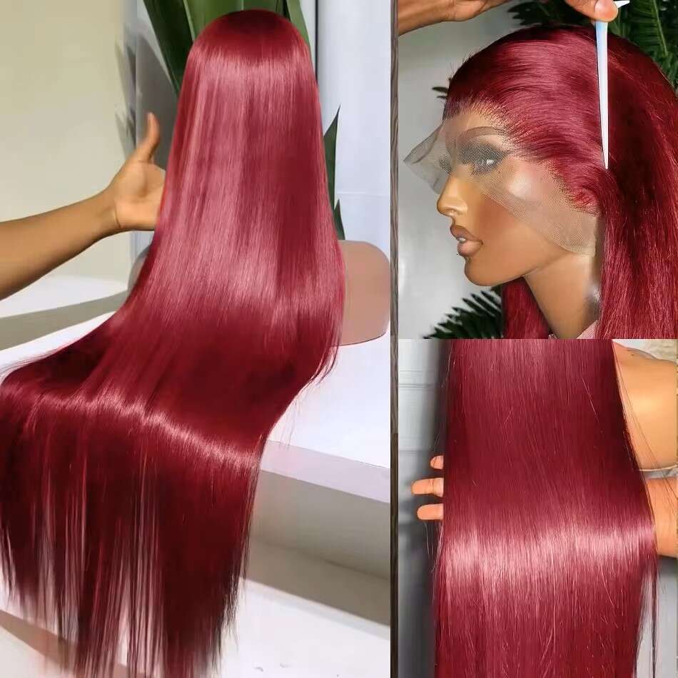 Burgundy x J X HD Lace Front Human Hair Wigs Colored Straight Pre Plucked with Baby Density
