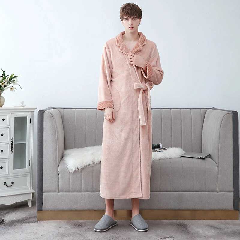 Coral Fleece Nightgown Male Sleepwear Kimono Gown Soft Nightwear Autumn Winter Warm Bathrobe Intimate Lingerie Lovers OversizeXJ241018