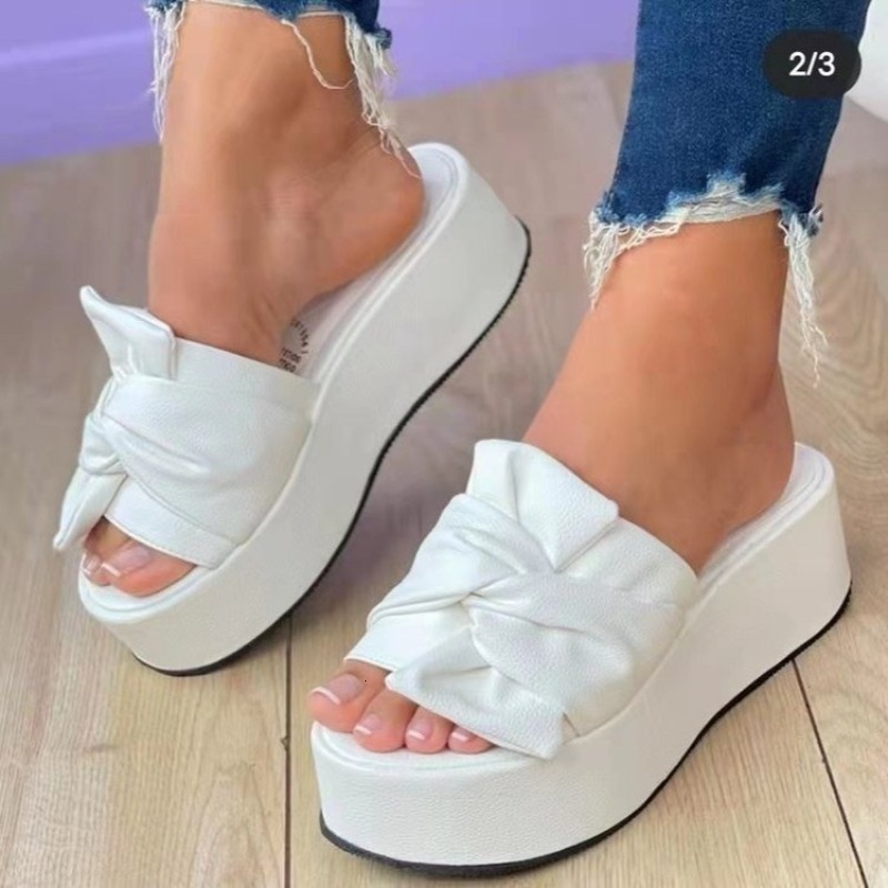 2025 New designer plus size bow flap women's shoes scarf wearing wedge slippers