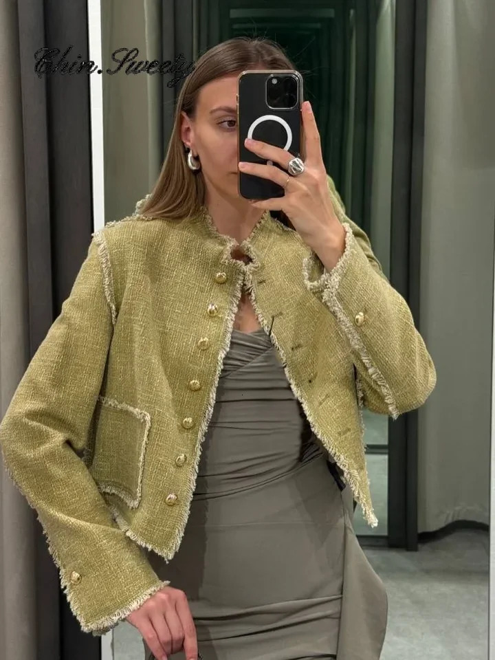 Elegant Furry Edge Women Coat Fashion Tweed Long Sleeve Single Breasted Jacket Spring Office Lady Double Pockets Jackets 241019