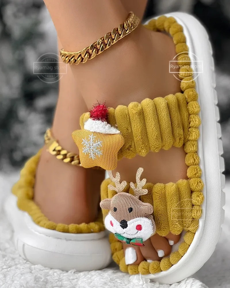 Sliding womens Christmas cartoon reindeer Santa Claus pattern blurred winter cotton flat shoes holiday platform warm flip cover 241018