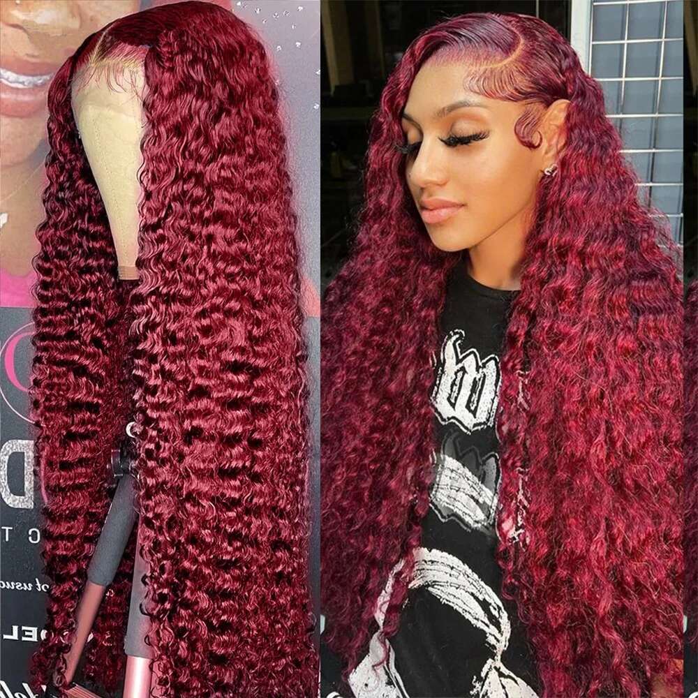 Deep J Burgundy wave Lace Front Human Hair Red Colored x HD Frontal Wigs For Women Density Curly Wave al