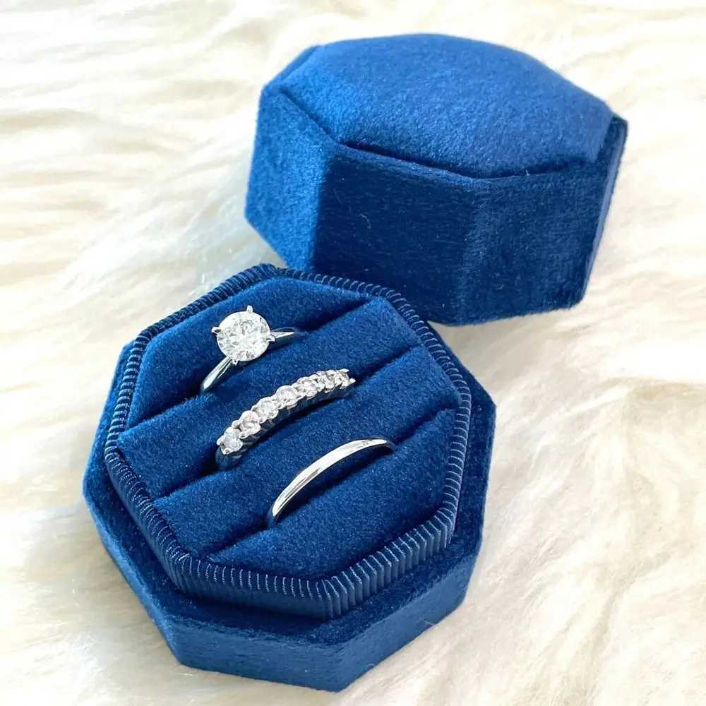 Octagonal Velvet Ring Display Box Three Slot Ring Storage Rack Ring Box with Removable Cover Used for Proposed Engagement Weddings W241019