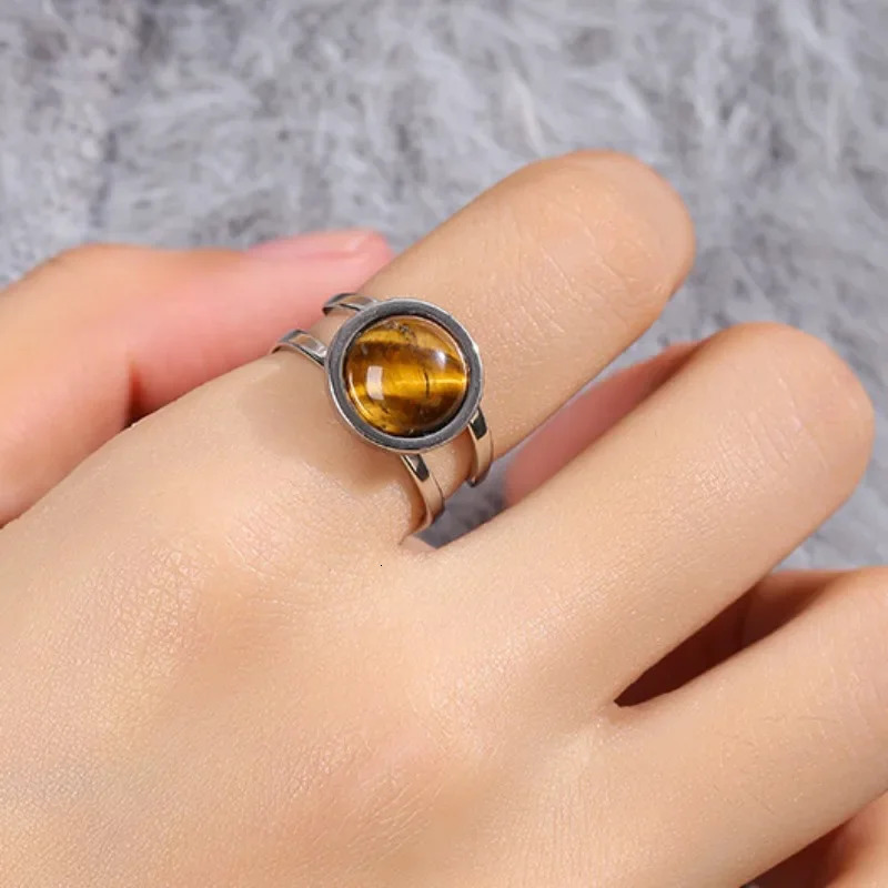 10mm Healing Natural Stone Stainless Steel Open Ring Rose Quartz Green Aventurine Adjustable Crystal Jewelry 241010