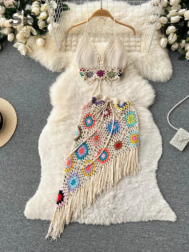 SINGREENY Bohemian Two Piece Knitted Set Summer Hook Hollow Outer Card Mysore Flower Irregular Tassel Leather Sexy Beach Style Set 241018
