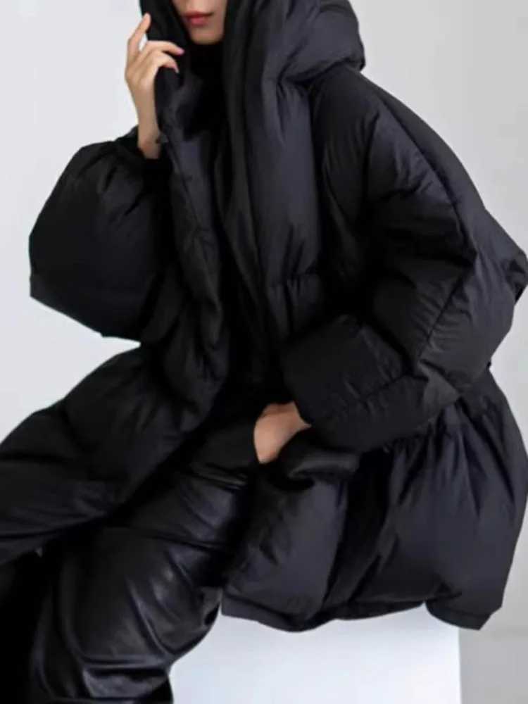 Women's Down Parkas Lanmrem high-end black winter jacket womens hooded belt gathered waist warm jacket 2024 new clothing 2AA4243 Y241019MERY