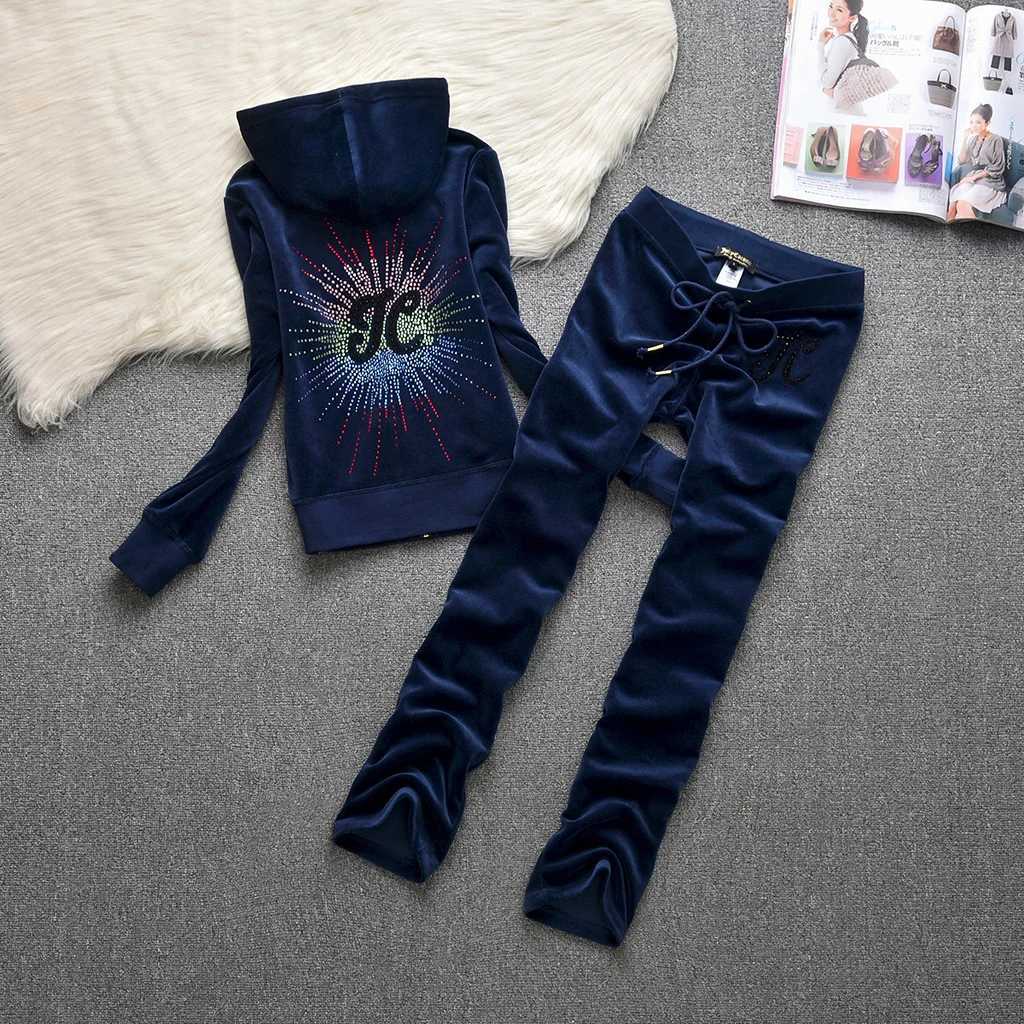 Womens Two Piece Pants Juicy comedy velvet track and field suit womens sports hoodie crystal decoration three directional pattern velvet set 2piece wi