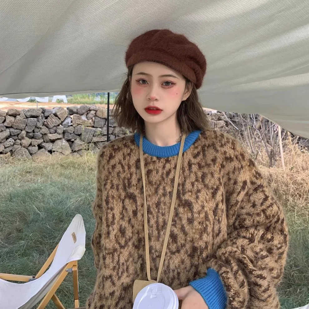 Womens leopard Gothic Pullover Knitted Sweater Harajuku Korean 90s Y2k Long Sleeves Jumper Sweaters Vintage 2000s Clothes 241010