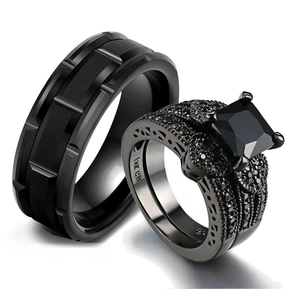 Fashion Jewelry Lover Gift Couple Ring Female Black Rhinestone Female Ring Set Fashion Mens Stainless Steel Ring Set Y241019