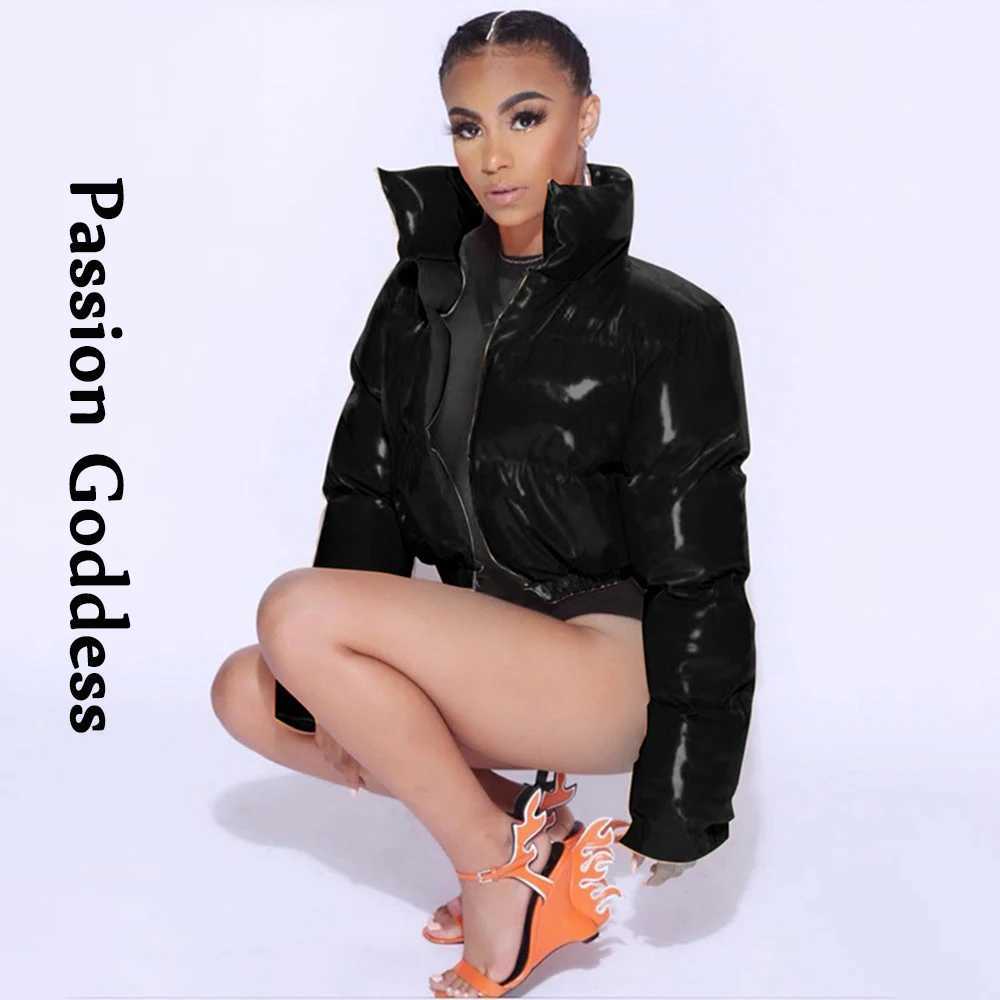 Women's Down Parkas Fashion Cool Women Bright PU Puffer Jackets Stand Collar Warm Bubble Coats Shiny Leather Parkas Down Zipper Crop Jackets Wint
