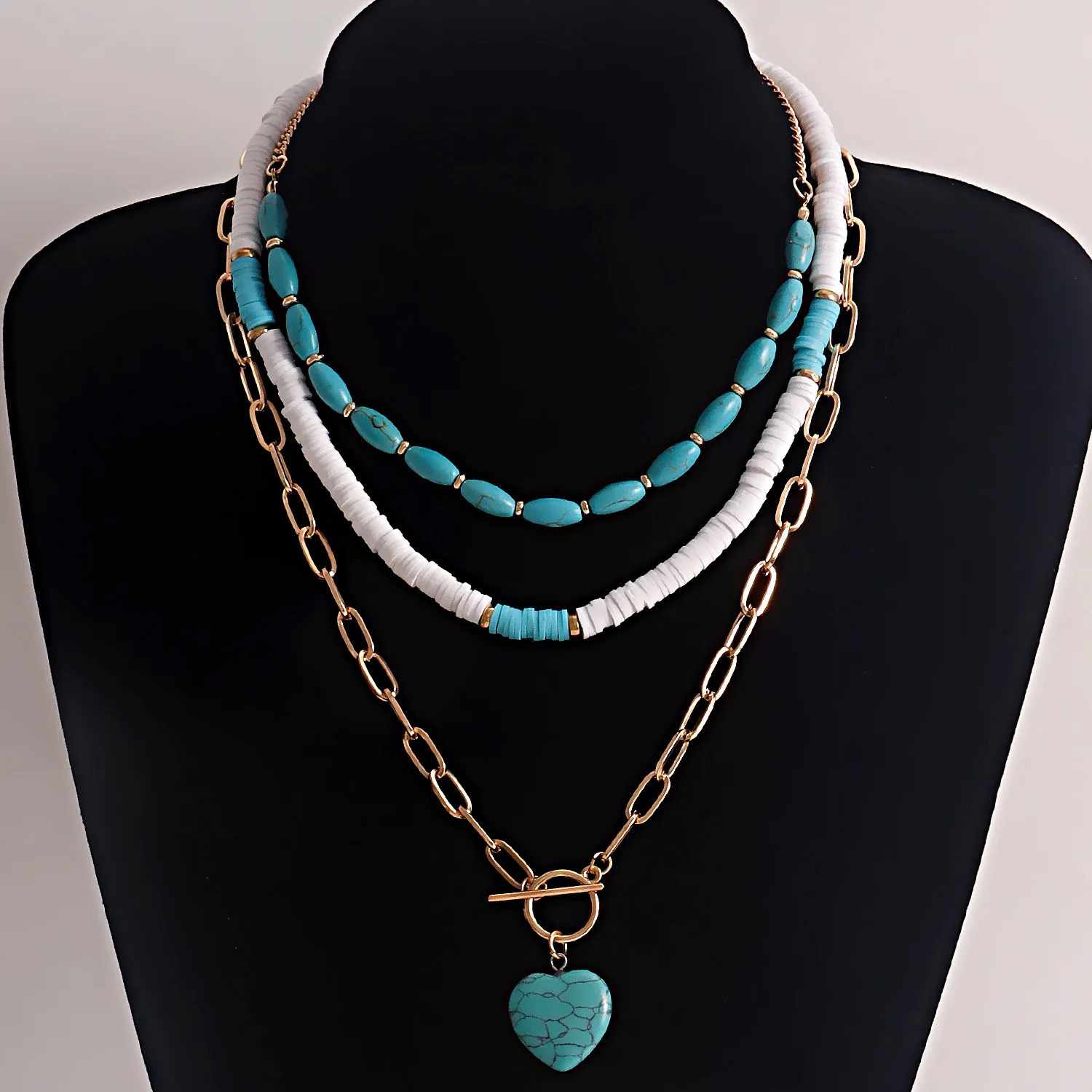 Renya Ethnic Calais Stone Necklace Heart shaped Stone Pendant Necklace Polymer Clay Bead Layered Necklace 241018