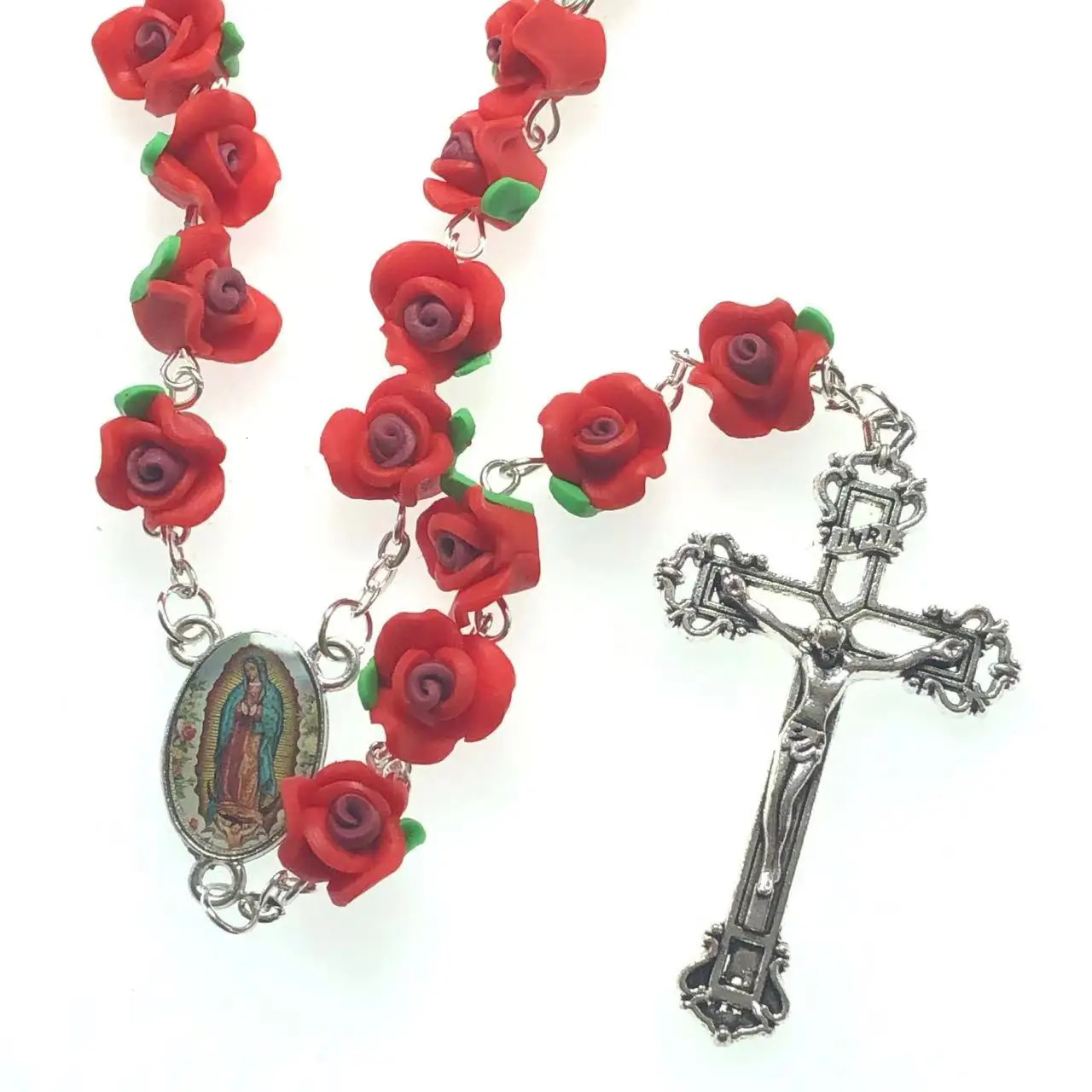 Handmade cathode rose necklace soft ceramic rose beads rose polymer clay necklace with Jesus Cross Virgin Guadalupe Center 241018