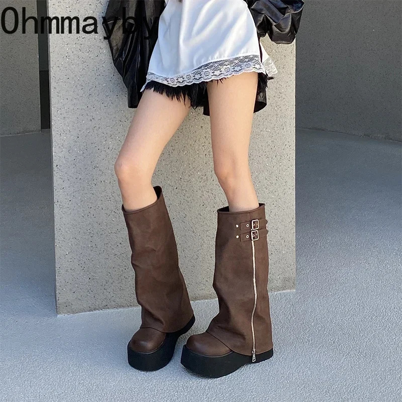 Thick womens knee high boots with fashionable buckle platform heel Trouser Knight Boots retro style womens shoes 241018