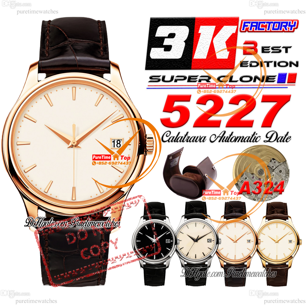 5227R A324 Automatic Date Mens Watch 3KF V2 39mm 18K Rose Gold Ivory Lacquered Stick Dial Brown Leather Strap CHS Puretimewatches 4 Style Reloj Hombre Montre Hommes