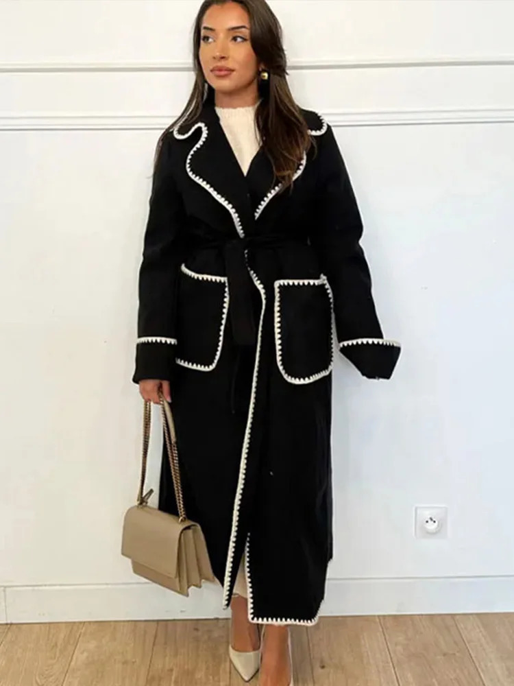 Vintage Striped Long Coat Women Elegant Belts Turndown Collar Pocket Coats 2024 Autumn Winter Chic Sleeve Female Outwear 241010