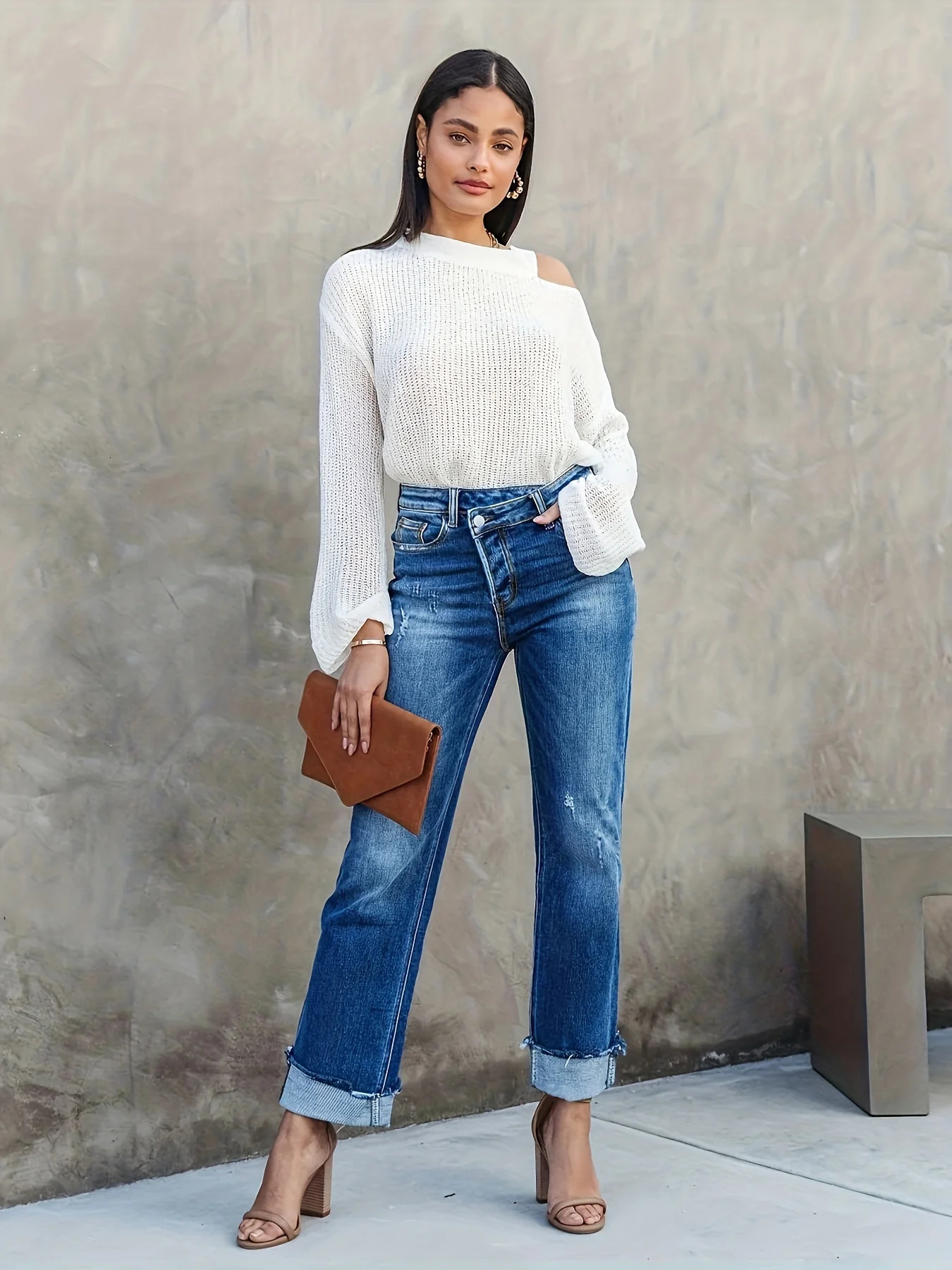 Asymmetrical Waist Casual Straight Jeans Loose Fit Rolled Hem Denim Pants Clothing 241009