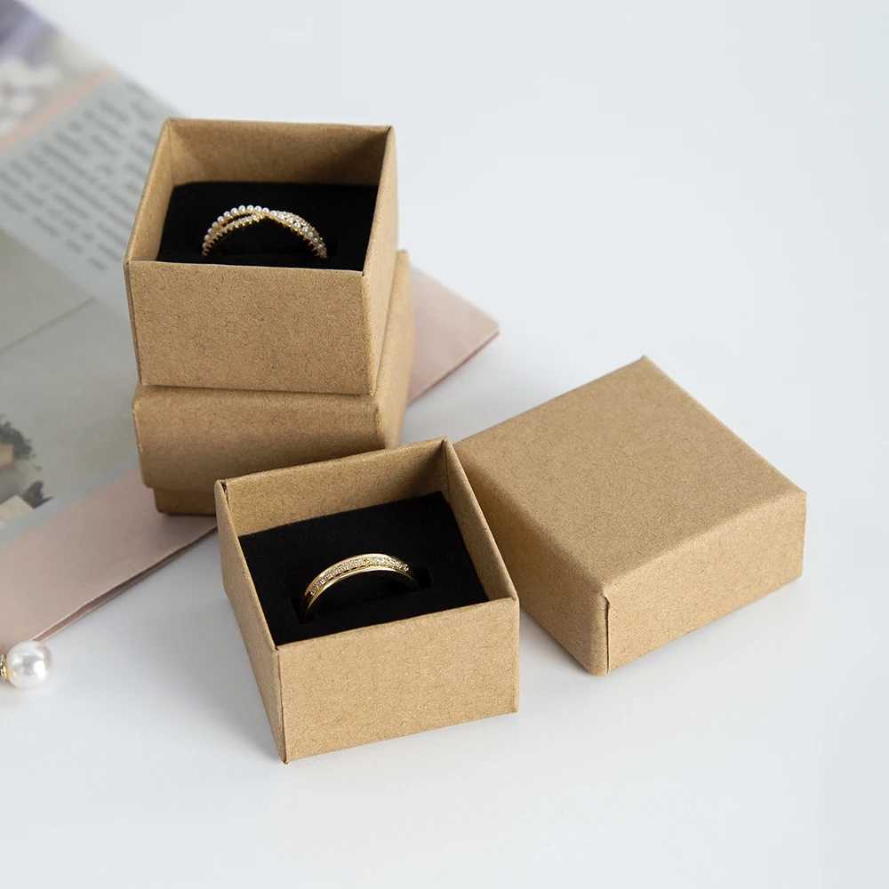 10pack loose ring box 4x4x3cm brown cowhide gift cardboard box jewelry necklace earrings womens packaging box sponge W241019