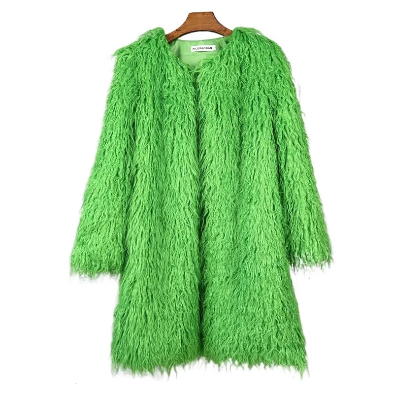 Winter Womens Fur Coat O-neck Long Coat Mongolian Woolen Leather Green Artificial Fur Fashion Winter Clothing Womens Unprinted Good Product 241018
