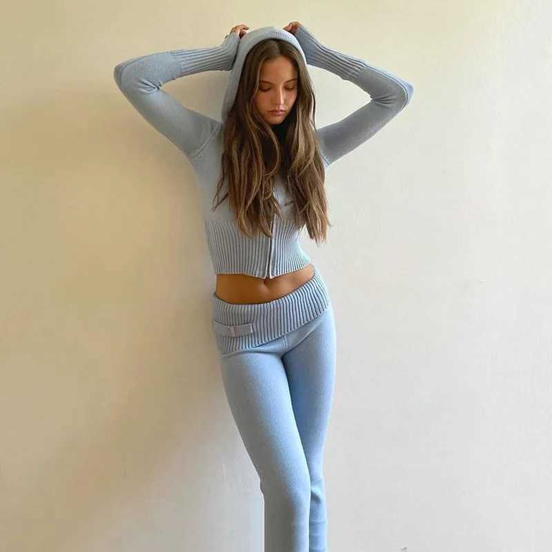 Women's Two Piece Pants Y2K Womens 2-piece Knitted Set Solid Color Long Sleve Zipper Slimming Hoodie Crop Top and High Waist Long Pants Set Y2410