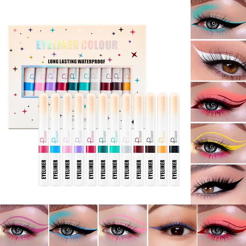 Pudaier 12 color white liquid eye shadow eyeliner pencil set durable waterproof matte nude eye shadow lining 241018