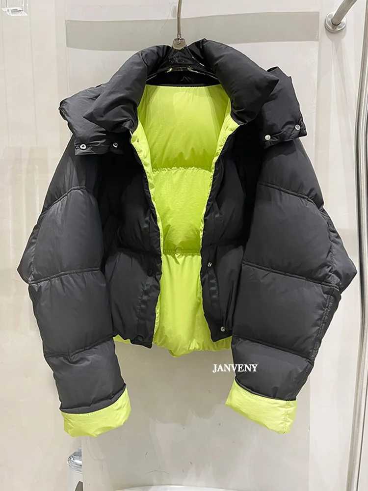 Women's Down Parkas Janveny 2024 new winter contrasting color hooded crop inflatable jacket womens double-sided thick white duck down warm bread 
