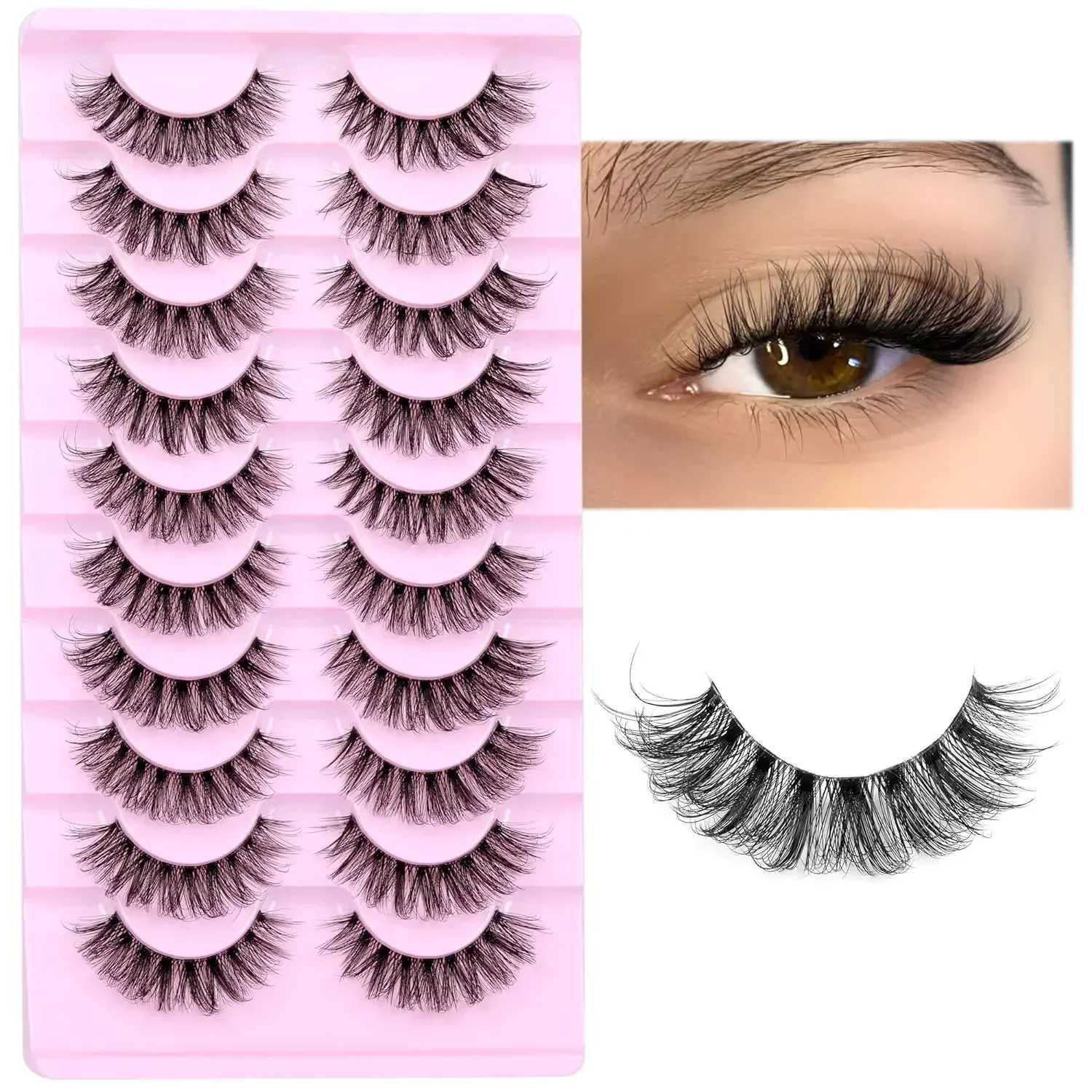 False 10 Fluffy Pairs Natural Eyelashes Wispy Lashes 3D Volume Strip Lashes D Curl Fake Eyelashes with Clear Band Eye LashesXJ2241