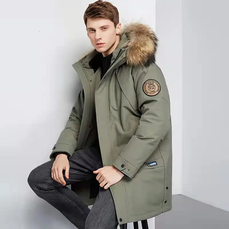Winter Boutique Fashion Thickened Warm Mens Casual Hooded Fur Collar Down Jacket High end Mens Down Jacket ArmyGreen 241018