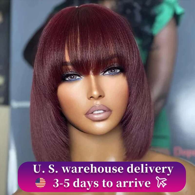 HD Transparent Burgundy Short Bob Human Hair Wigs Brazilian J Red Straight x Lace Front Wig For Women Pre Plucked