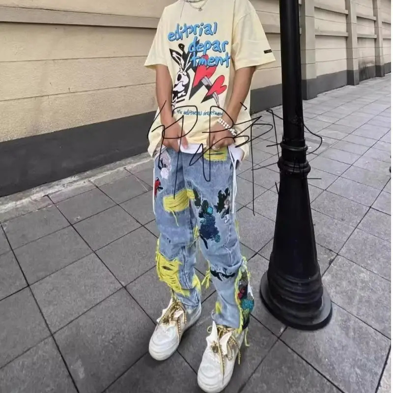 OIMG Y2K Street Clothing Bag Stacked Tear off Jeans Mens Clothing Graphic Embroidery Hip Hop Cowboy Trouser Pantalon 241019