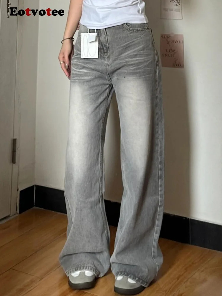 EOTVOTEE Korean Vintage Jeans for Women High Waisted Streetwear Casual Button Y2k Straight Pants Pattern Full Length 241007