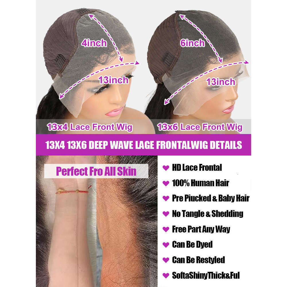 40Inch 250 Density Nature Water Curly 13x4 13x6 HD Loose Deep Wave Lace Frontal Human Hair Wigs For Women