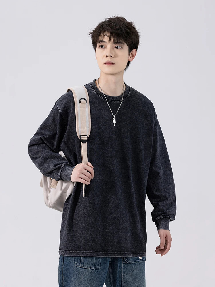 Mens washing T-shirt 260G thick cotton street retro oversized T-shirt Korean fashion loose Y2K top long sleeved T-shirt 241018