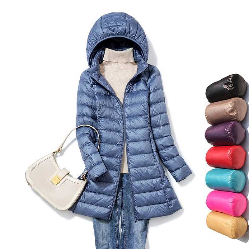 Winter Womens Ultralight Thin Down Jacket White Duck Down Hooded long Jackets Long Sleeve Warm Coat Parka Female OutwearX241019