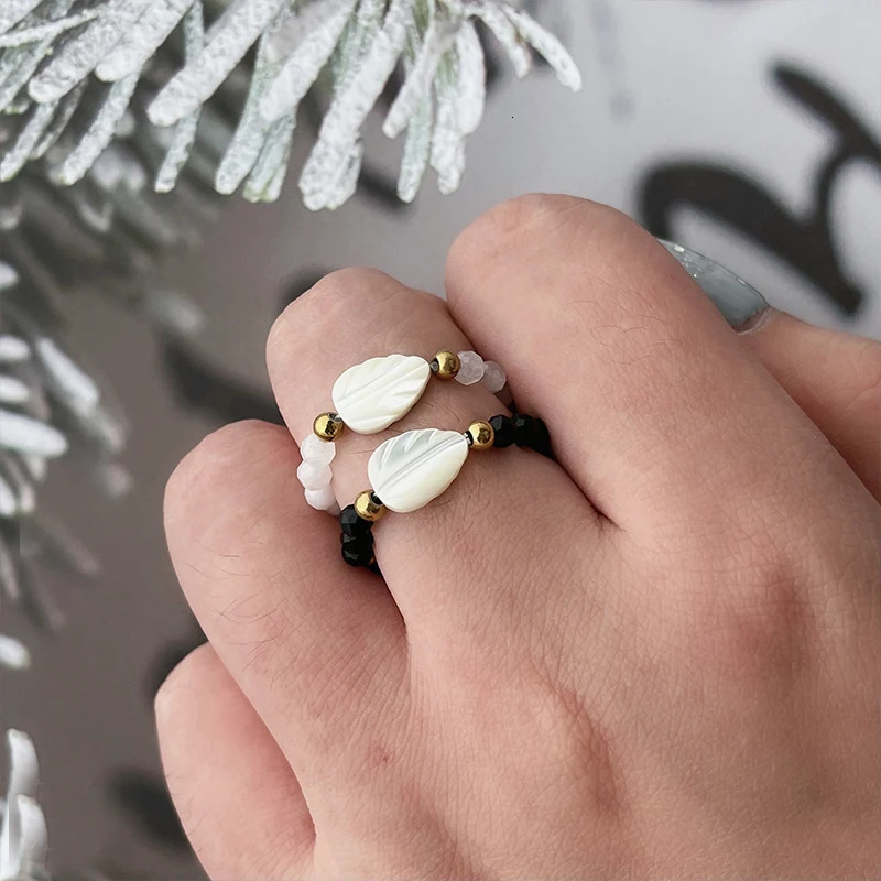 Fashion Natural Stone Moonstone Obsidian Rings For Women Girls Stainless Steel Beaded Ring Wedding Party Jewelry Gift Wholesale 241010