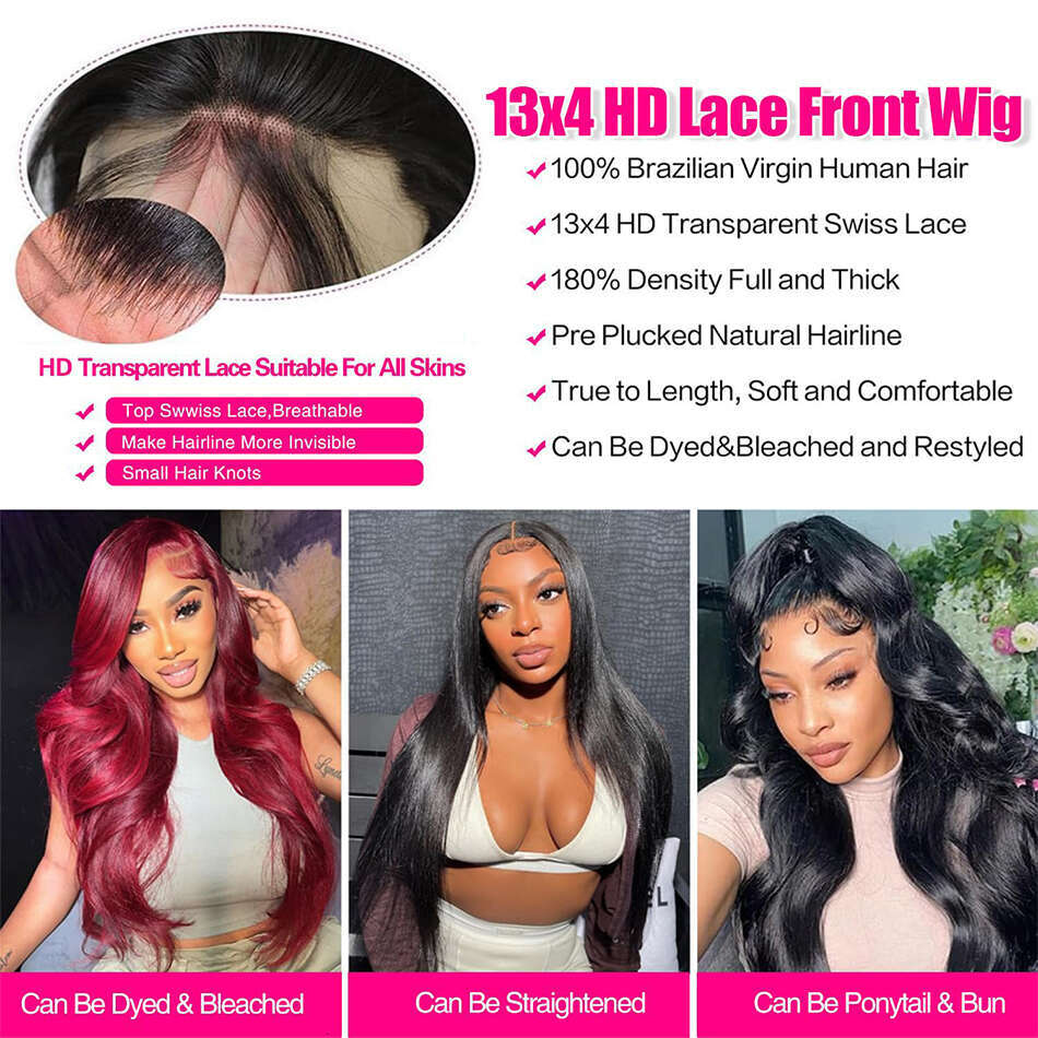 13x4 Body Wave Front Wigs For Black Women Transparent Lace Frontal Wig Human Hair Pre Plucked XVE