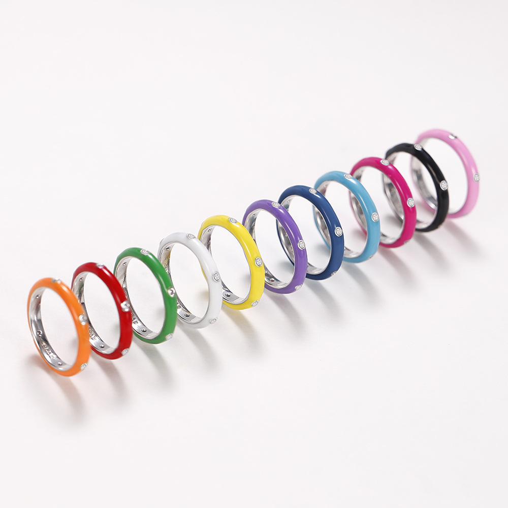 Ring enamel oil drop rainbow color single stone ring women's minimalist zircon ring candy color diamond ring exquisite gift