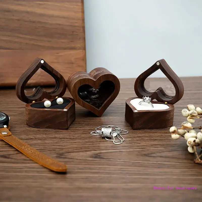 Wedding Love Ring Box Walnut Pair Ring Storage Packaging Gift Box Heart shaped Wooden Box Earrings Jewelry Box W241019