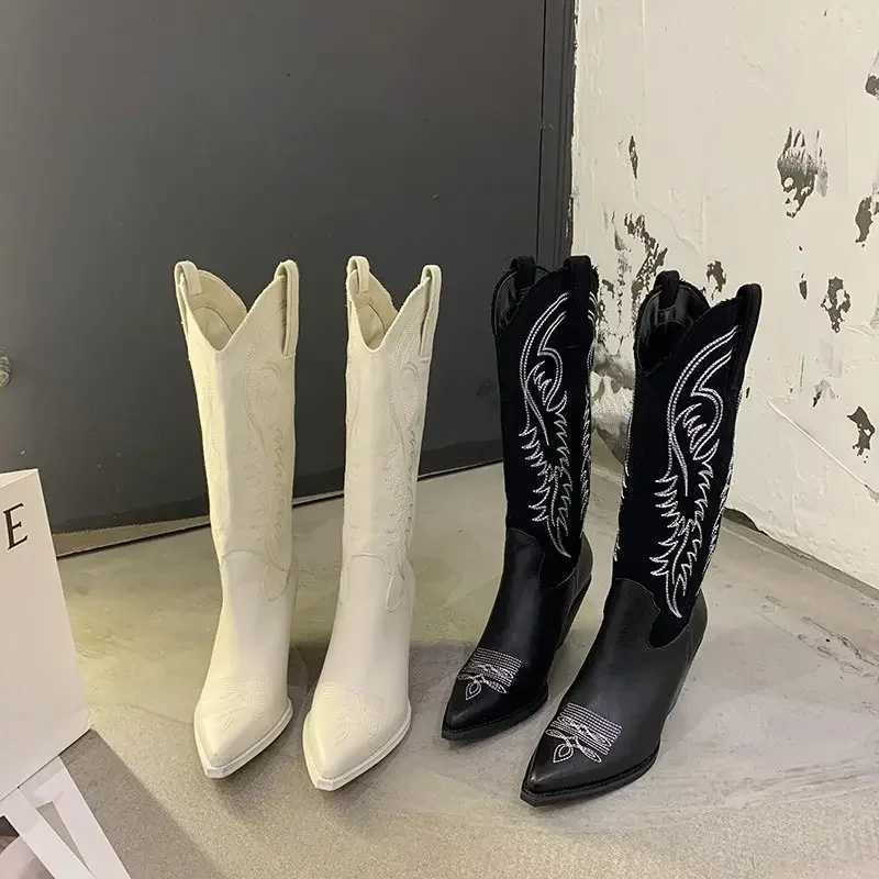 Womens Pointed Toe Square High Heels Cowboy Western Boots New Ankle Gladiator Trend Shoes Winter New Walking Botas Pump Mujer Zapatos Y241019