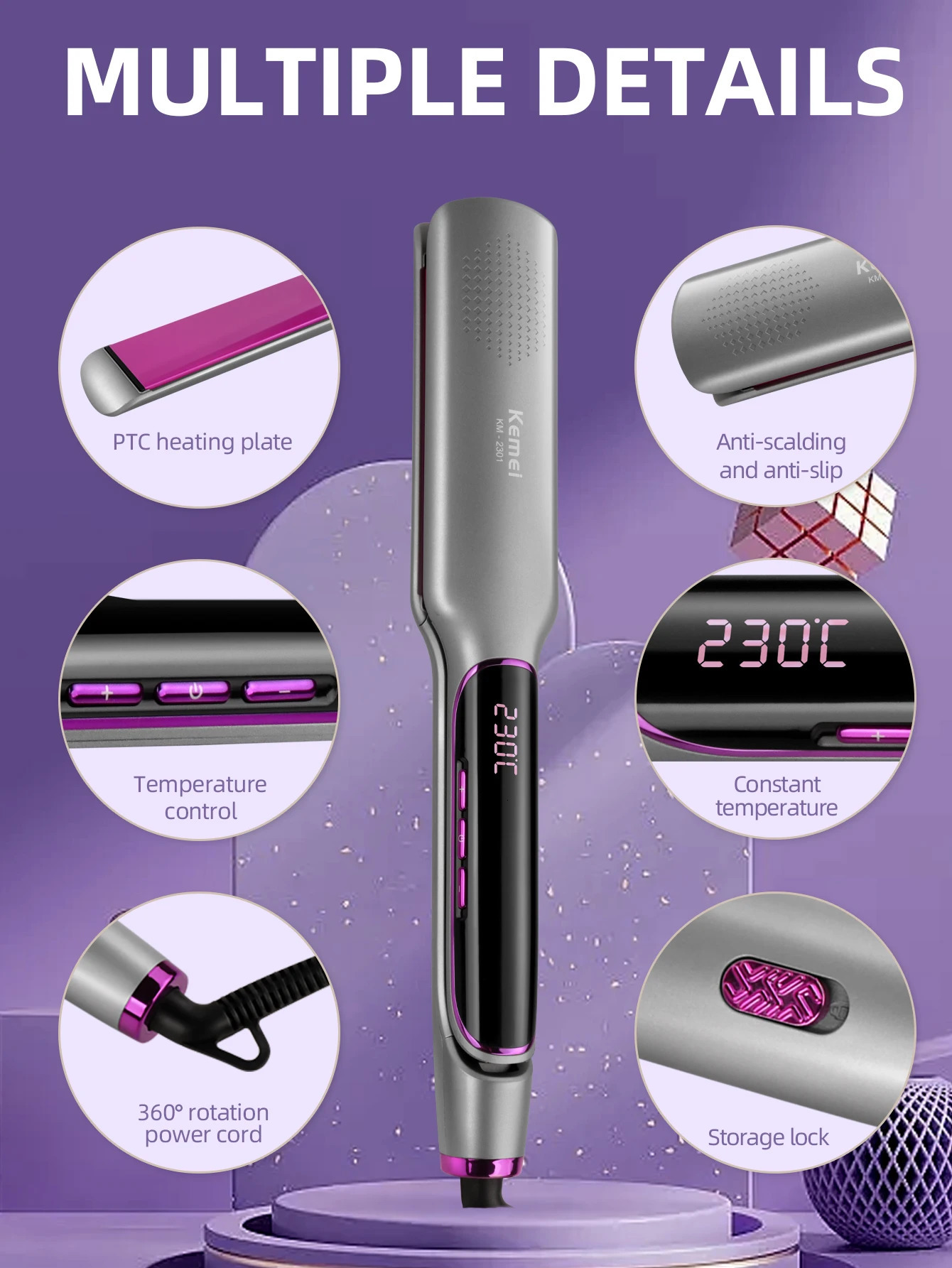 KEMEI professional straightener with LCD display screen flat iron negative ion infrared straightener womens iron hair care 241018