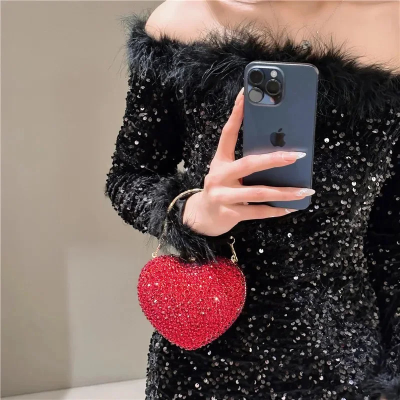 Ladies diamond set heart-shaped red crystal clutch wallet stone evening party shoulder bag rhinestone handbag 241018