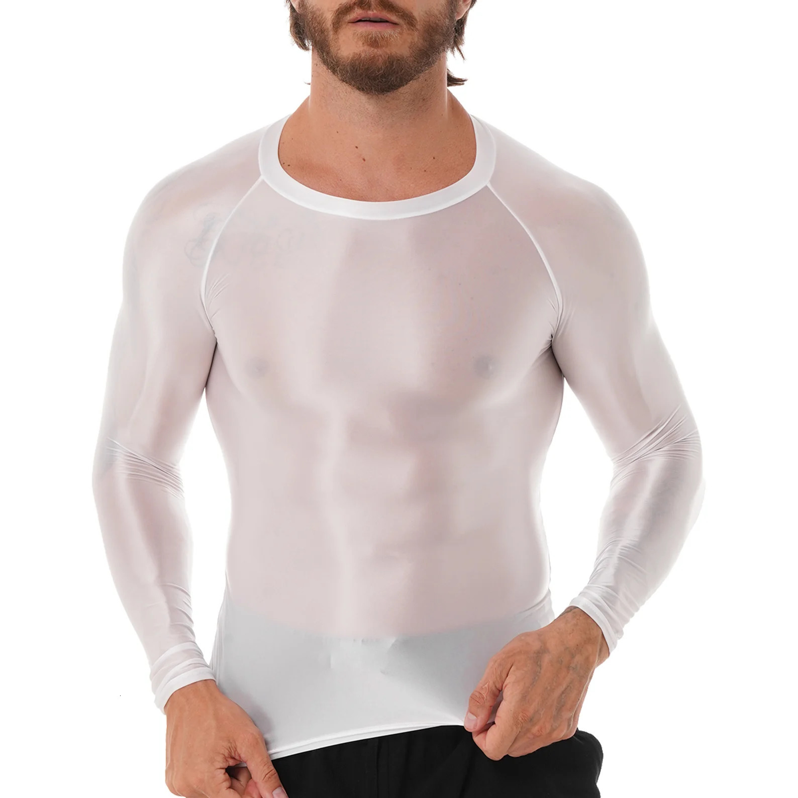 Mens clothing smooth O-neck long sleeved T-shirt solid color slim fit breathable shirt top gym jogging yoga sportswear 241018